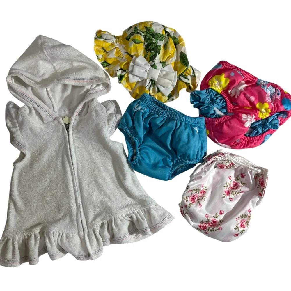 NWOT baby girls summer swim bundle. Coverup, 3 swim diapers, & hat 12/18mo